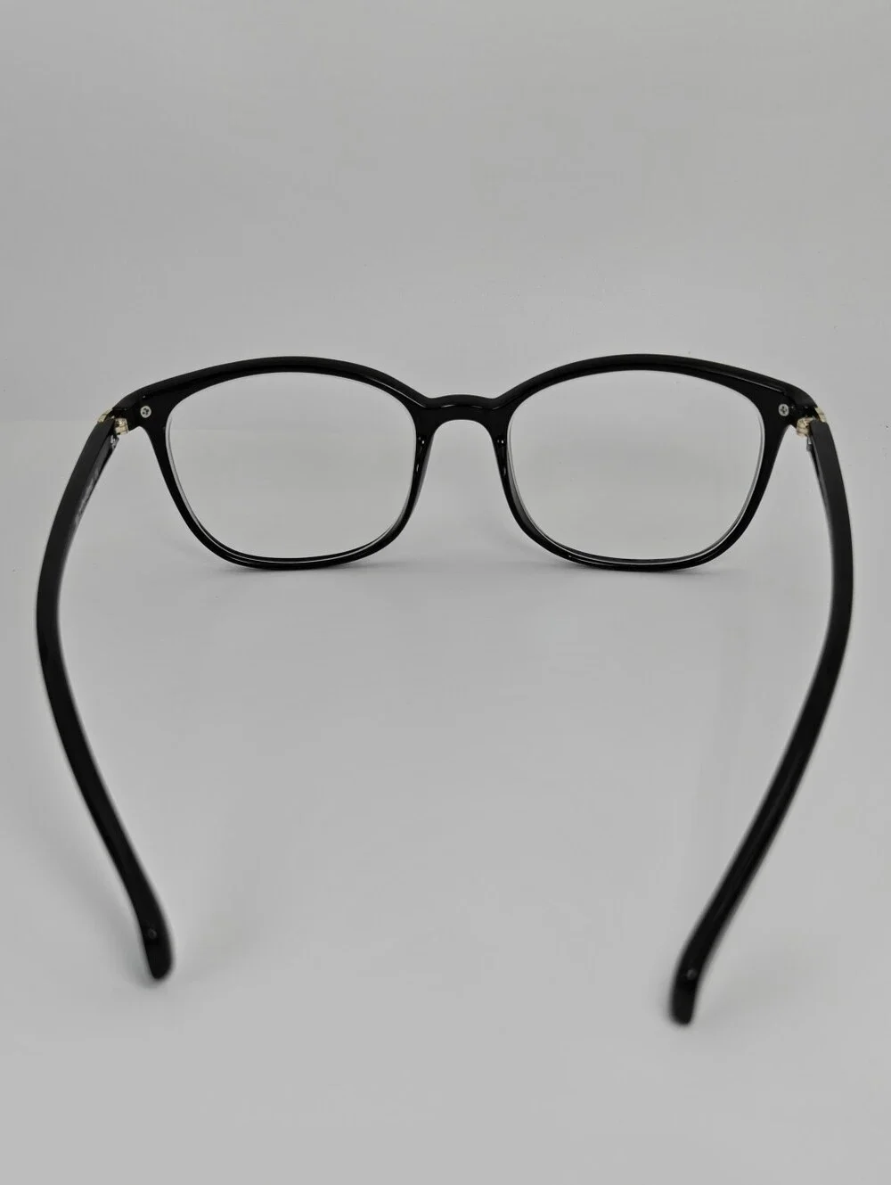 Nola. Classic Black Women's Eyeglass Frames. Gold Shield At Temple Corners.